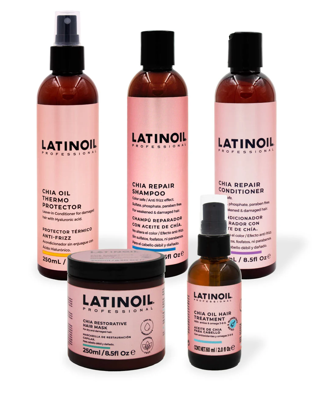 Kit completo de productos Latinoil con aceite de chía para cuidado y reparación capilar intensiva