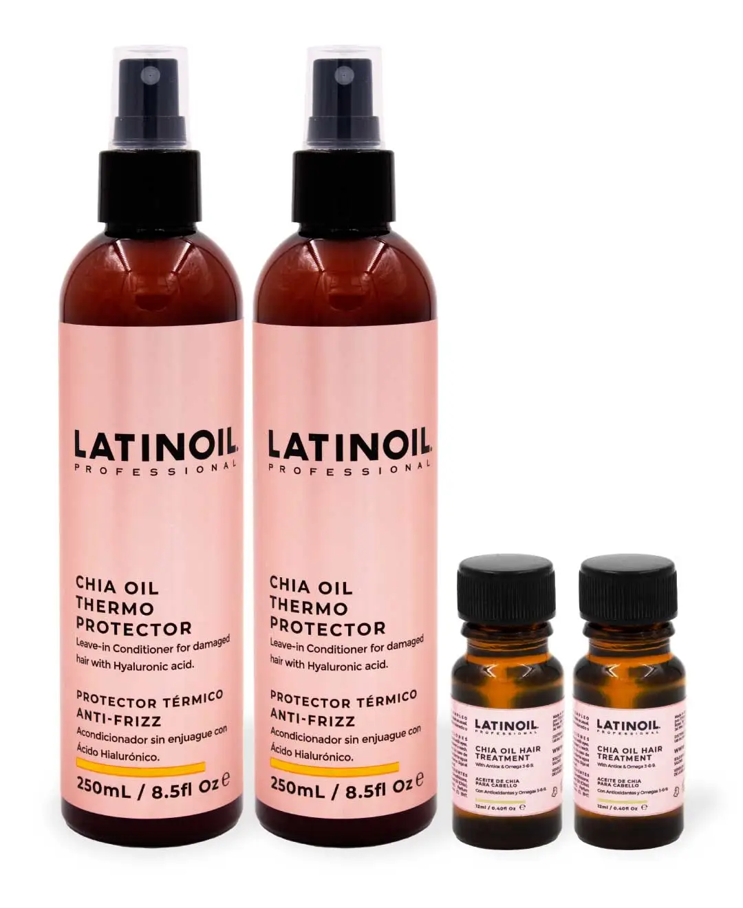 Kit Latinoil Protección Total contra el calor: 2 Thermo Protector 250 ml + 2 Hair Treatment 15 ml