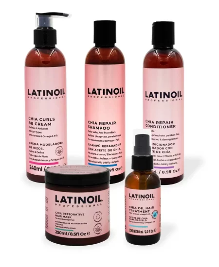 Kit Latinoil para rizos con aceite de chía: crema, shampoo, acondicionador, mascarilla y tratamiento